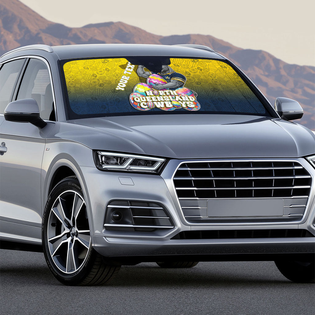 Personalized North Queensland Cowboys Auto Sun Shade Easter Mascot - Colorful Eggs Cartoon Style