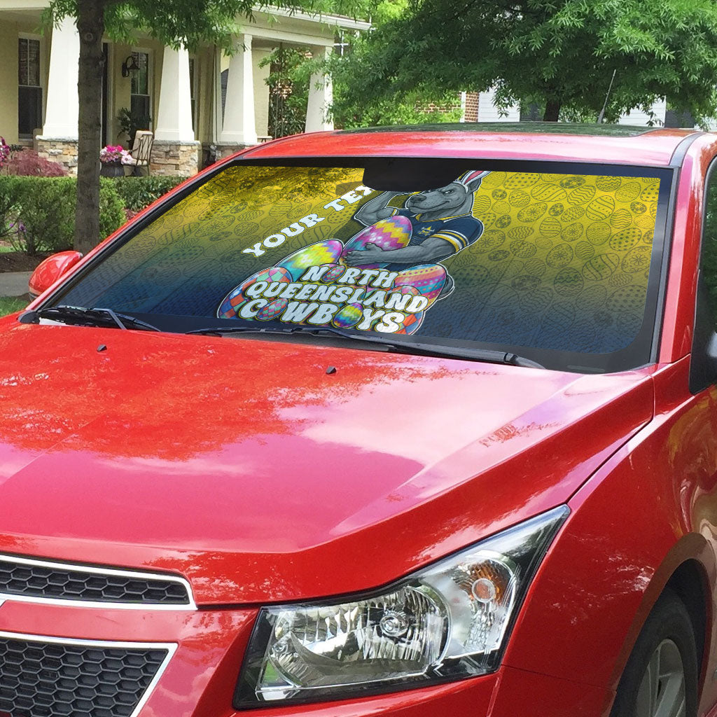 Personalized North Queensland Cowboys Auto Sun Shade Easter Mascot - Colorful Eggs Cartoon Style