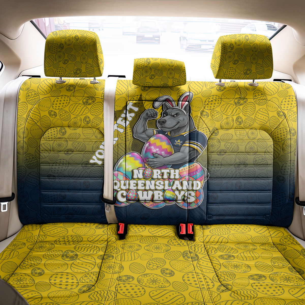Personalized North Queensland Cowboys Back Car Seat Cover Easter Mascot - Colorful Eggs Cartoon Style