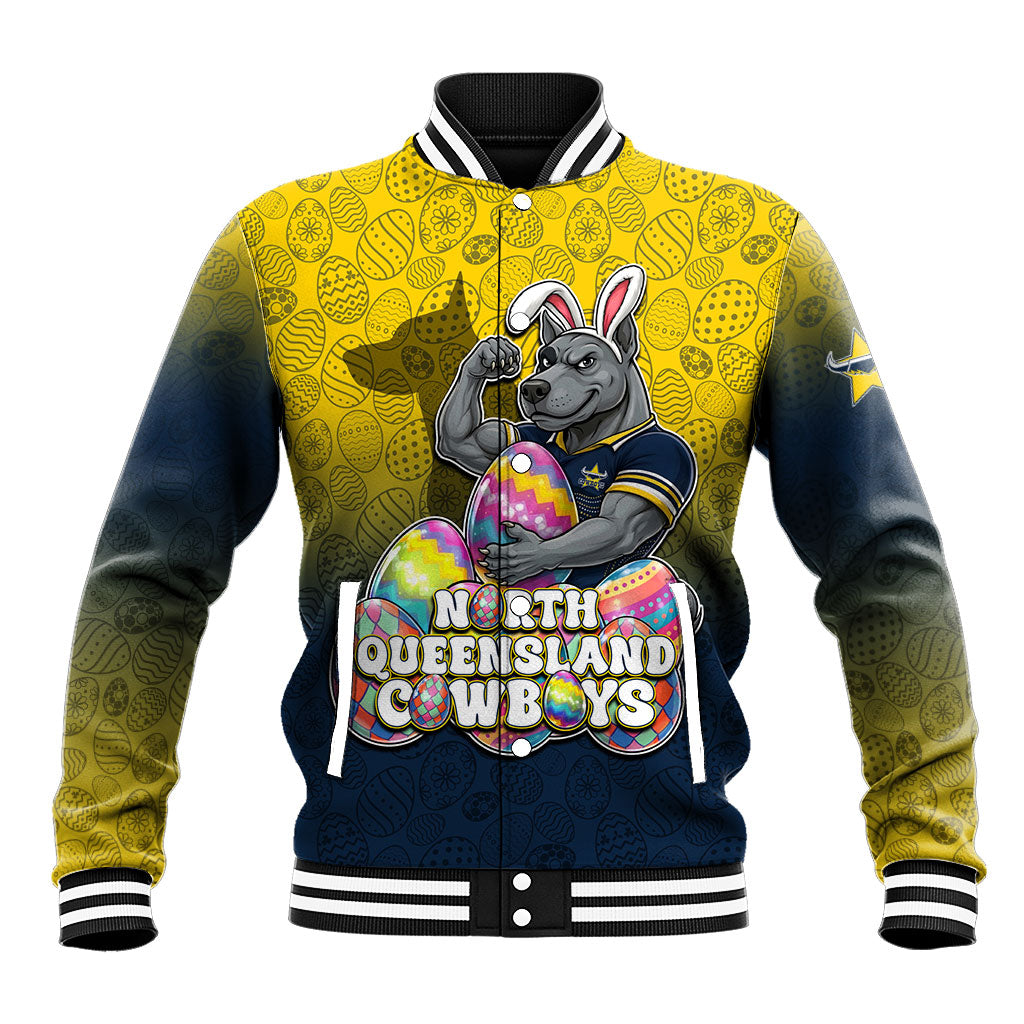 Personalized North Queensland Cowboys Baseball Jacket Easter Mascot - Colorful Eggs Cartoon Style