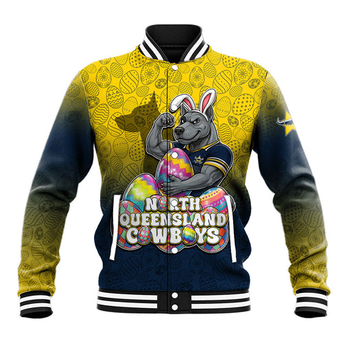 Personalized North Queensland Cowboys Baseball Jacket Easter Mascot - Colorful Eggs Cartoon Style