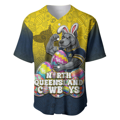 Personalized North Queensland Cowboys Baseball Jersey Easter Mascot - Colorful Eggs Cartoon Style