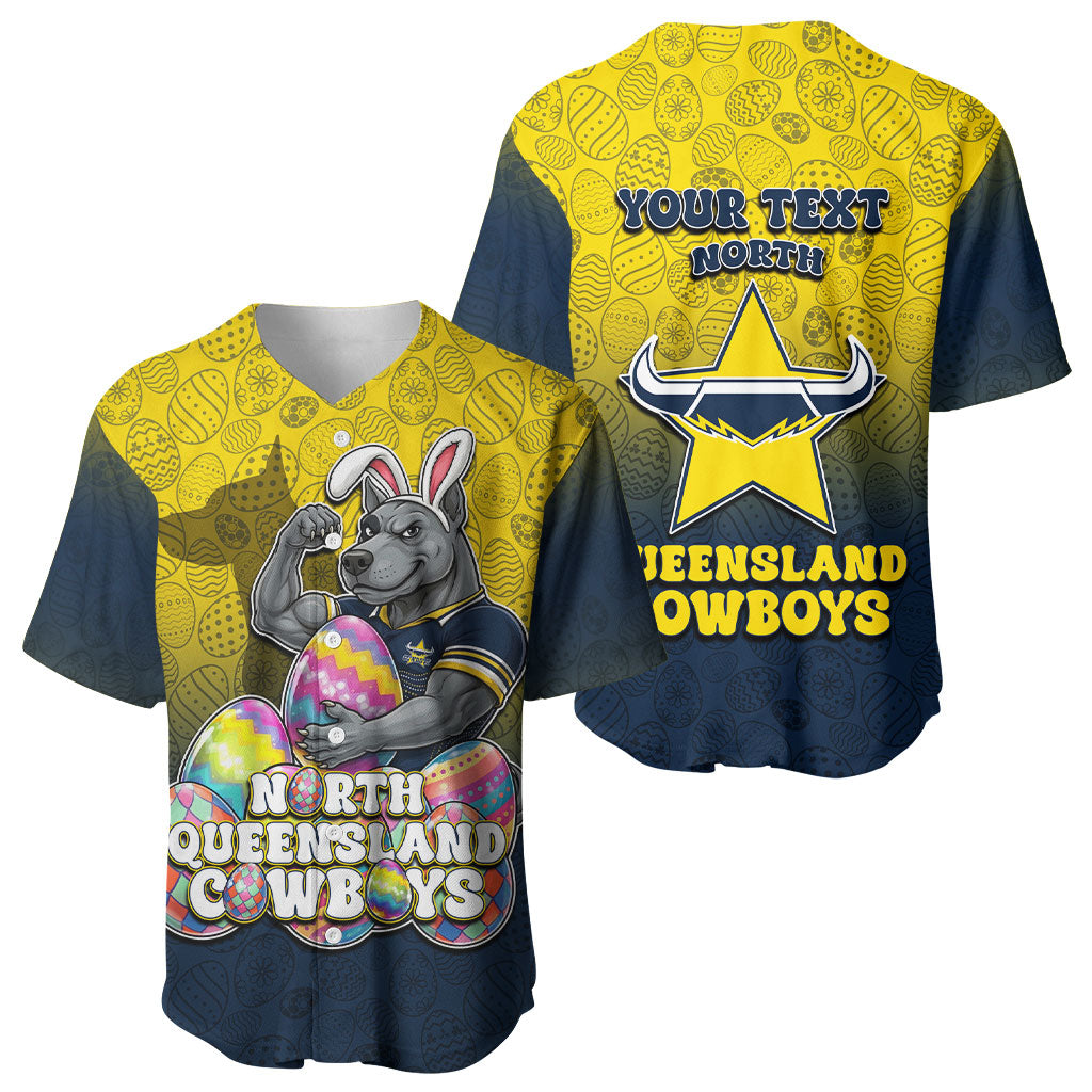 Personalized North Queensland Cowboys Baseball Jersey Easter Mascot - Colorful Eggs Cartoon Style