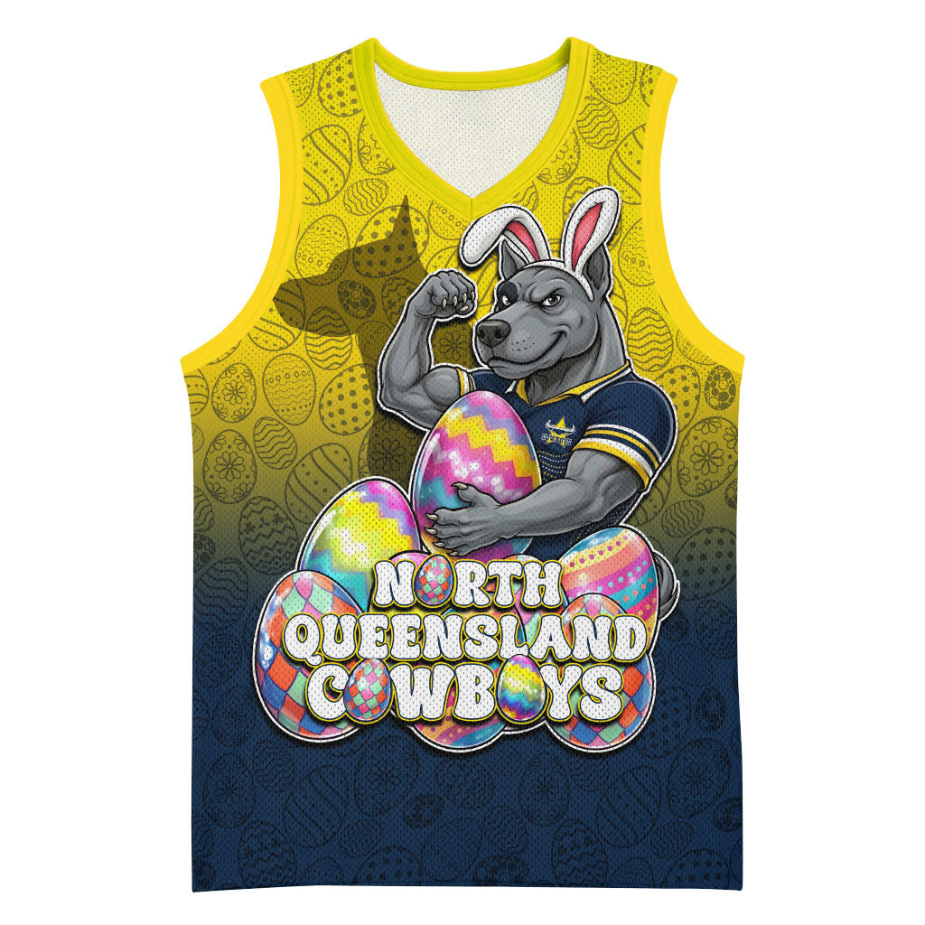 Personalized North Queensland Cowboys Basketball Jersey Easter Mascot - Colorful Eggs Cartoon Style