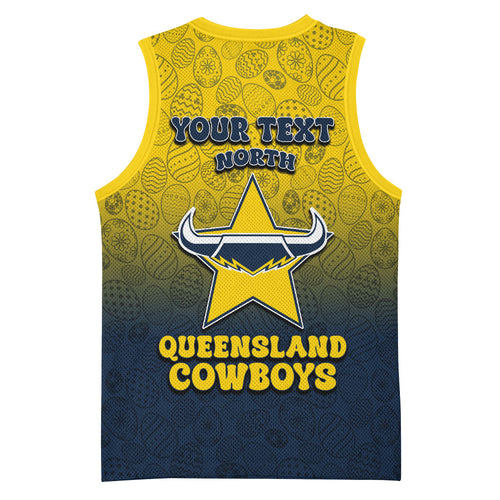 Personalized North Queensland Cowboys Basketball Jersey Easter Mascot - Colorful Eggs Cartoon Style