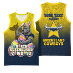 Personalized North Queensland Cowboys Basketball Jersey Easter Mascot - Colorful Eggs Cartoon Style