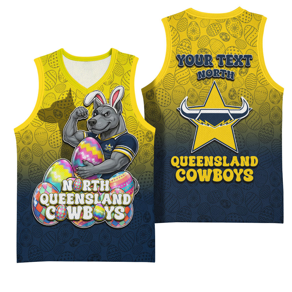Personalized North Queensland Cowboys Basketball Jersey Easter Mascot - Colorful Eggs Cartoon Style