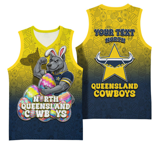 Personalized North Queensland Cowboys Basketball Jersey Easter Mascot - Colorful Eggs Cartoon Style