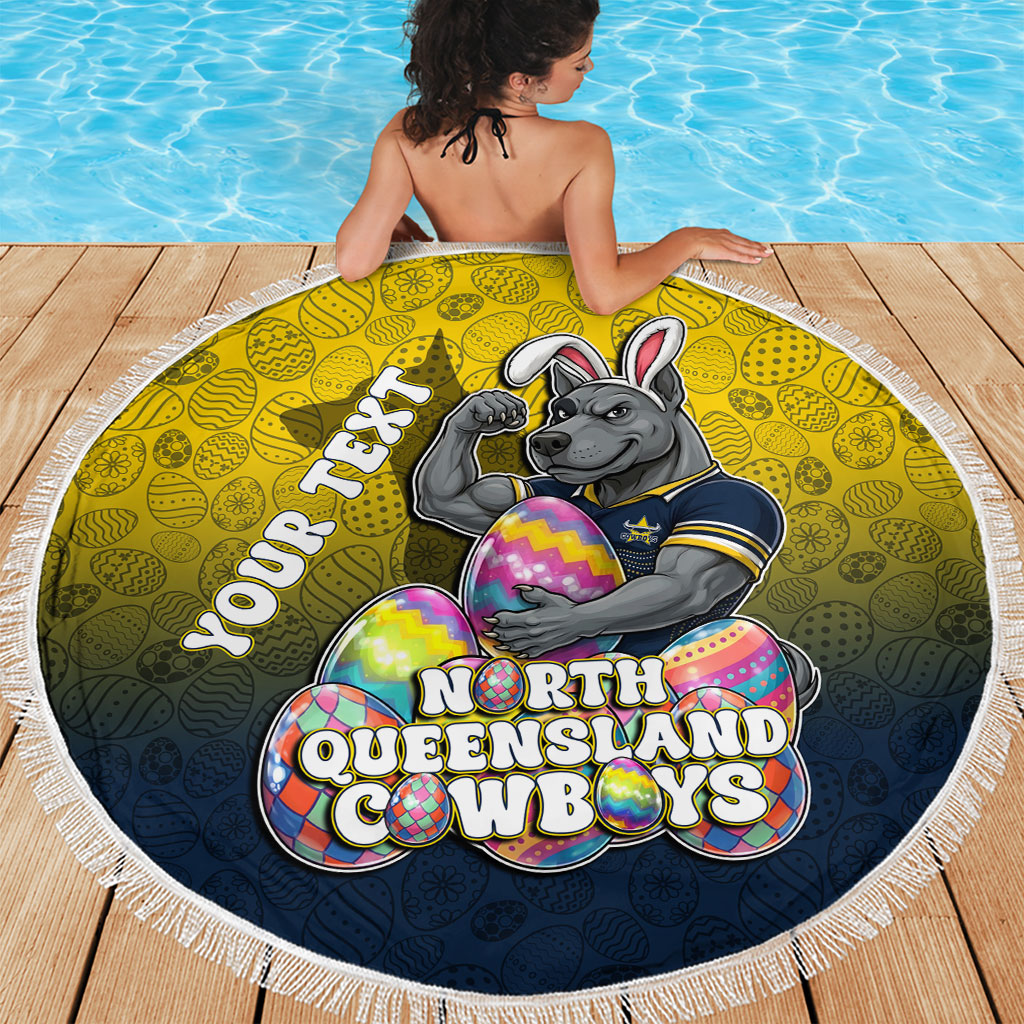 Personalized North Queensland Cowboys Beach Blanket Easter Mascot - Colorful Eggs Cartoon Style