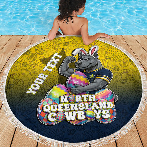 Personalized North Queensland Cowboys Beach Blanket Easter Mascot - Colorful Eggs Cartoon Style