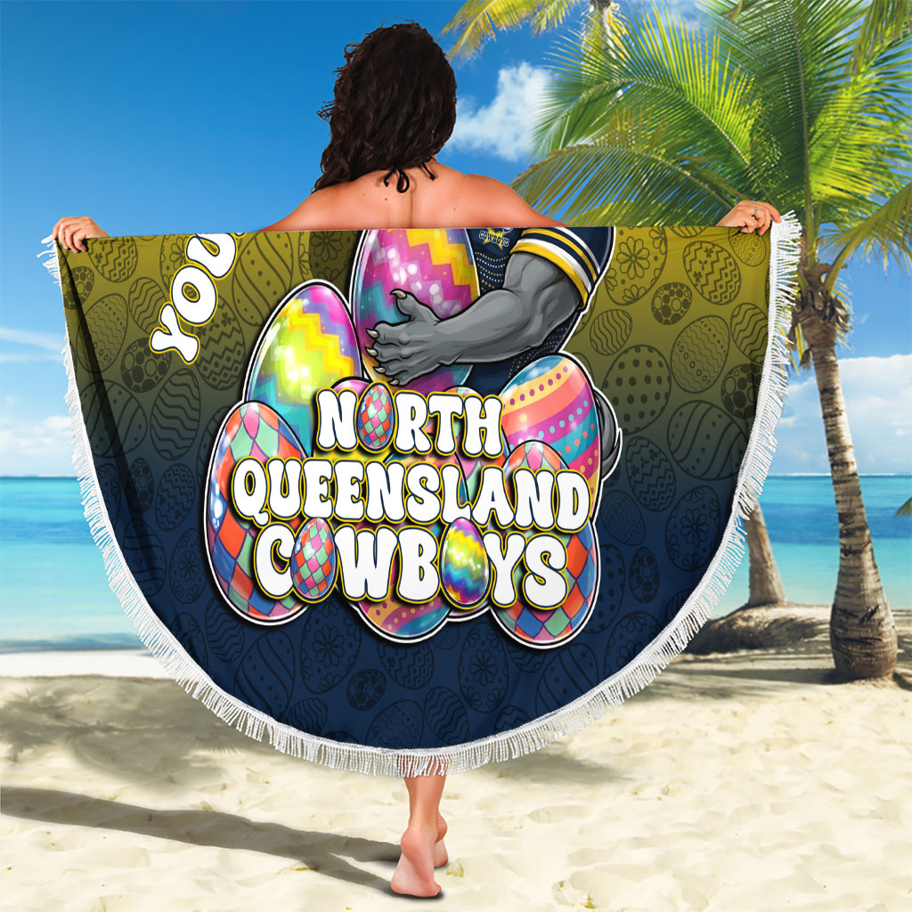 Personalized North Queensland Cowboys Beach Blanket Easter Mascot - Colorful Eggs Cartoon Style