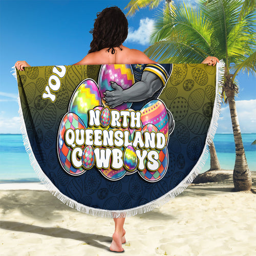 Personalized North Queensland Cowboys Beach Blanket Easter Mascot - Colorful Eggs Cartoon Style