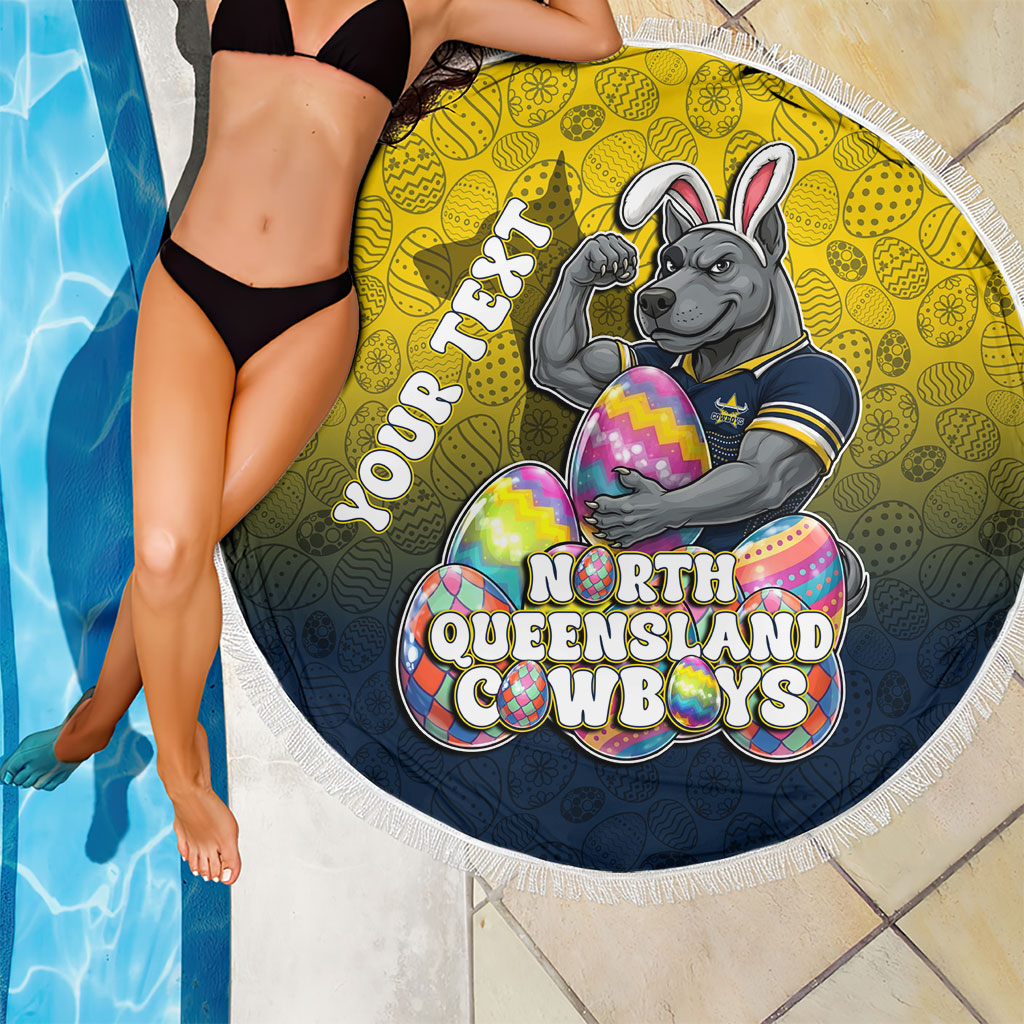 Personalized North Queensland Cowboys Beach Blanket Easter Mascot - Colorful Eggs Cartoon Style