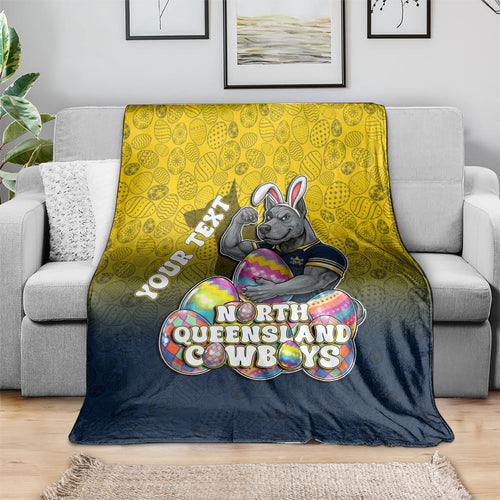 Personalized North Queensland Cowboys Blanket Easter Mascot - Colorful Eggs Cartoon Style