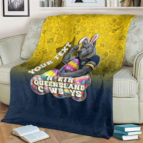 Personalized North Queensland Cowboys Blanket Easter Mascot - Colorful Eggs Cartoon Style