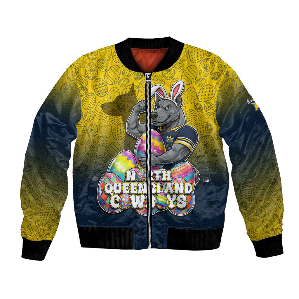 Personalized North Queensland Cowboys Bomber Jacket Easter Mascot - Colorful Eggs Cartoon Style