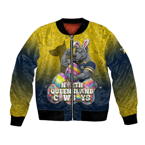 Personalized North Queensland Cowboys Bomber Jacket Easter Mascot - Colorful Eggs Cartoon Style