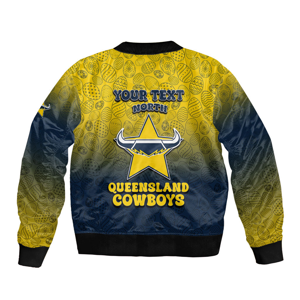 Personalized North Queensland Cowboys Bomber Jacket Easter Mascot - Colorful Eggs Cartoon Style