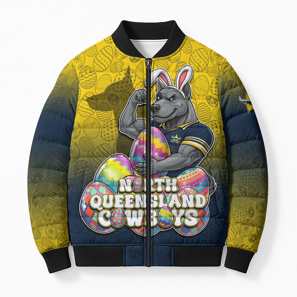 Personalized North Queensland Cowboys Bomber Puffer Jacket Easter Mascot - Colorful Eggs Cartoon Style