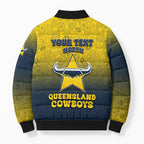 Personalized North Queensland Cowboys Bomber Puffer Jacket Easter Mascot - Colorful Eggs Cartoon Style
