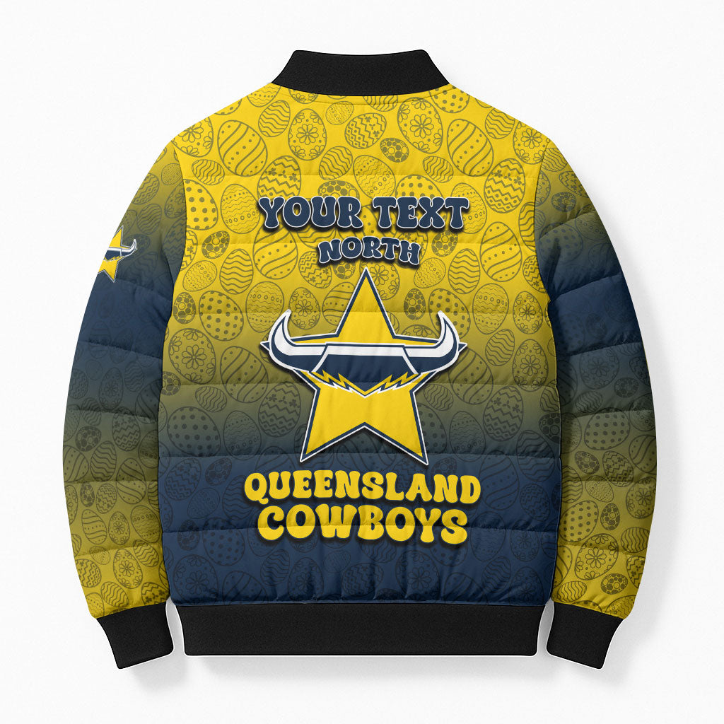 Personalized North Queensland Cowboys Bomber Puffer Jacket Easter Mascot - Colorful Eggs Cartoon Style