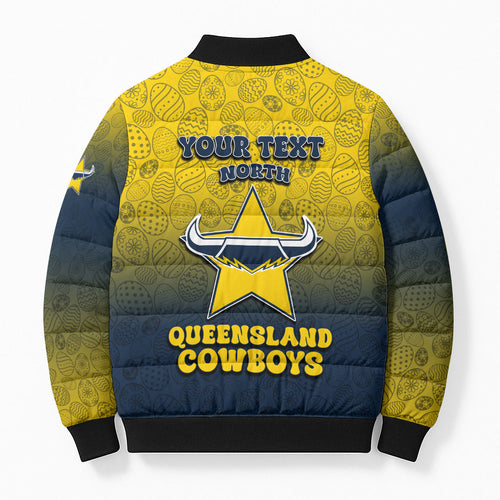 Personalized North Queensland Cowboys Bomber Puffer Jacket Easter Mascot - Colorful Eggs Cartoon Style