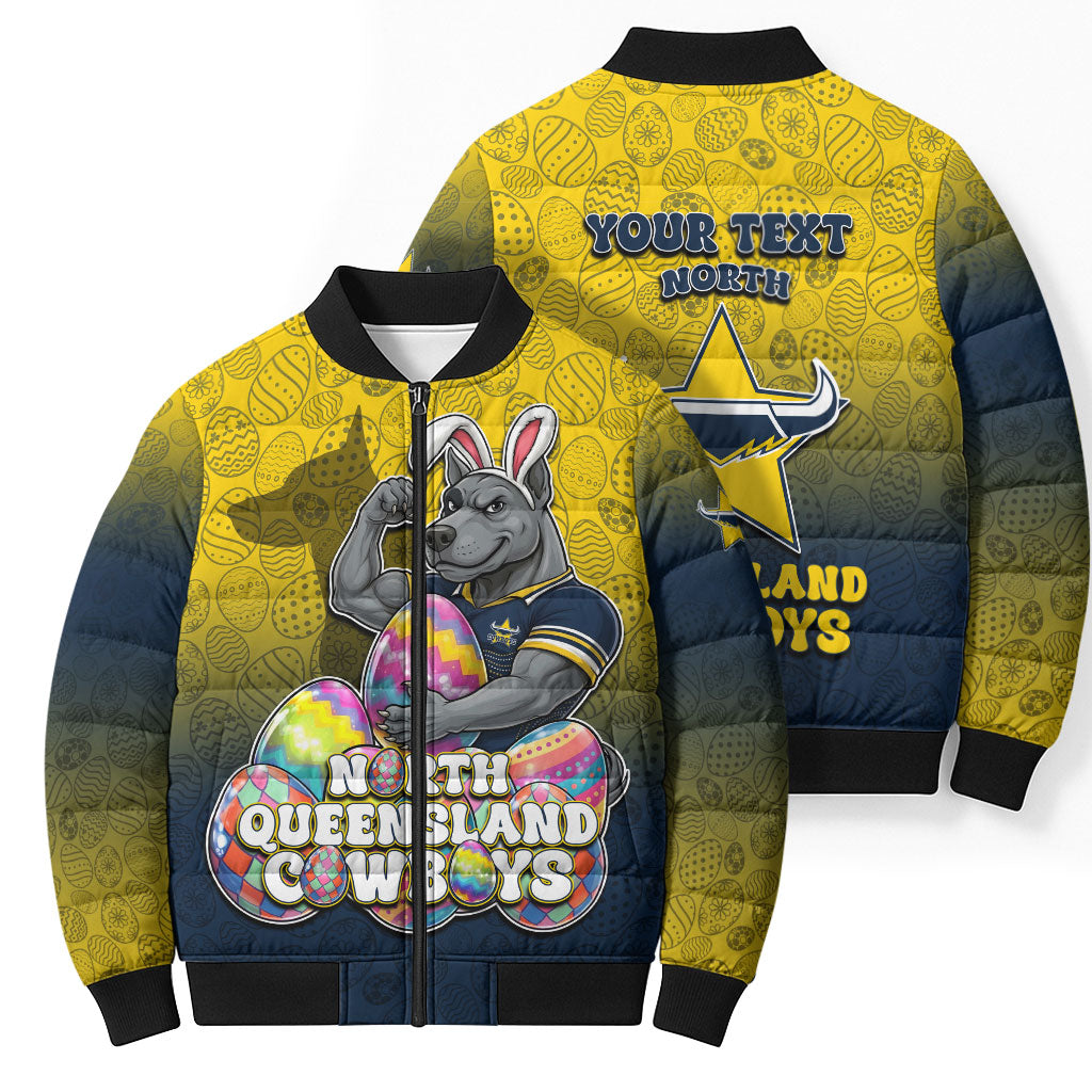 Personalized North Queensland Cowboys Bomber Puffer Jacket Easter Mascot - Colorful Eggs Cartoon Style