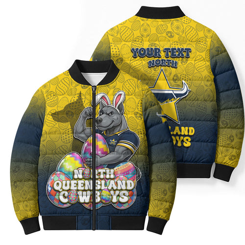 Personalized North Queensland Cowboys Bomber Puffer Jacket Easter Mascot - Colorful Eggs Cartoon Style