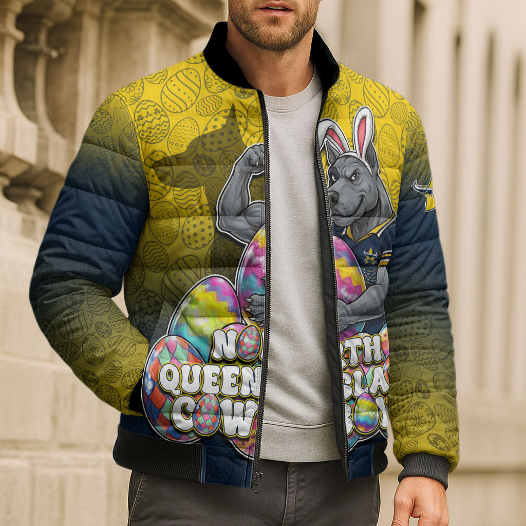 Personalized North Queensland Cowboys Bomber Puffer Jacket Easter Mascot - Colorful Eggs Cartoon Style