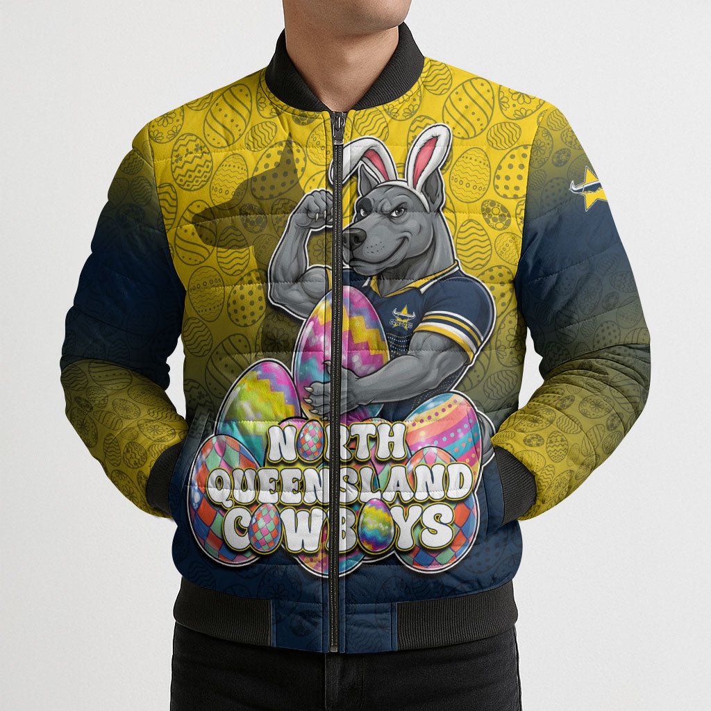 Personalized North Queensland Cowboys Bomber Puffer Jacket Easter Mascot - Colorful Eggs Cartoon Style