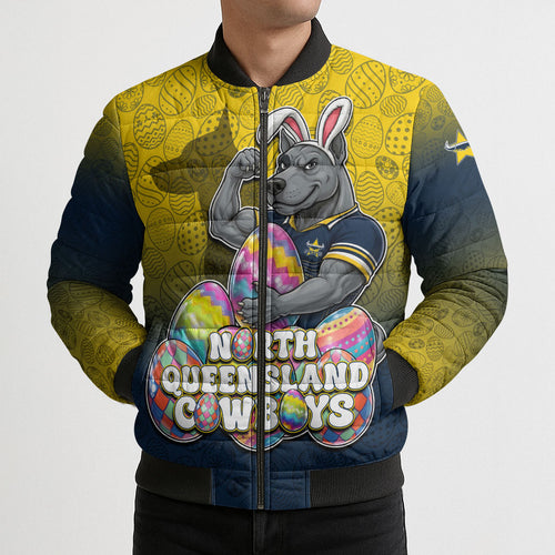 Personalized North Queensland Cowboys Bomber Puffer Jacket Easter Mascot - Colorful Eggs Cartoon Style