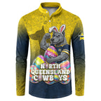 Personalized North Queensland Cowboys Button Sweatshirt Easter Mascot - Colorful Eggs Cartoon Style