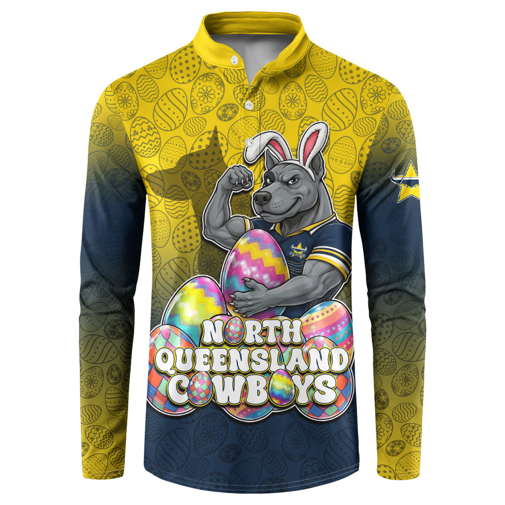 Personalized North Queensland Cowboys Button Sweatshirt Easter Mascot - Colorful Eggs Cartoon Style