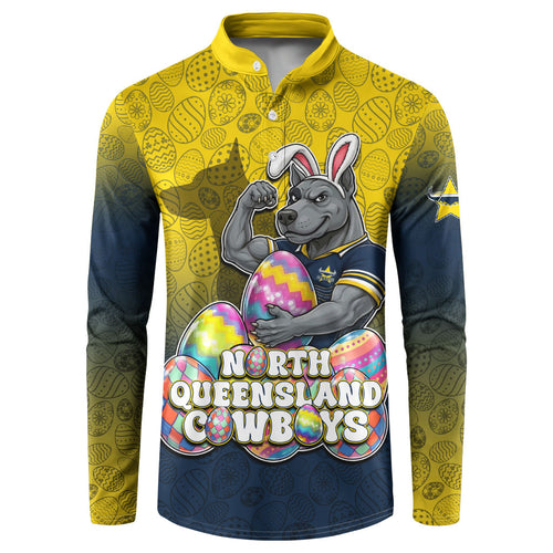 Personalized North Queensland Cowboys Button Sweatshirt Easter Mascot - Colorful Eggs Cartoon Style