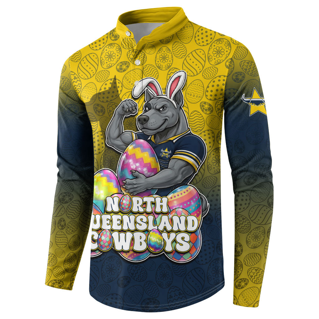Personalized North Queensland Cowboys Button Sweatshirt Easter Mascot - Colorful Eggs Cartoon Style