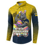 Personalized North Queensland Cowboys Button Sweatshirt Easter Mascot - Colorful Eggs Cartoon Style