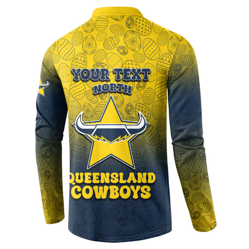 Personalized North Queensland Cowboys Button Sweatshirt Easter Mascot - Colorful Eggs Cartoon Style
