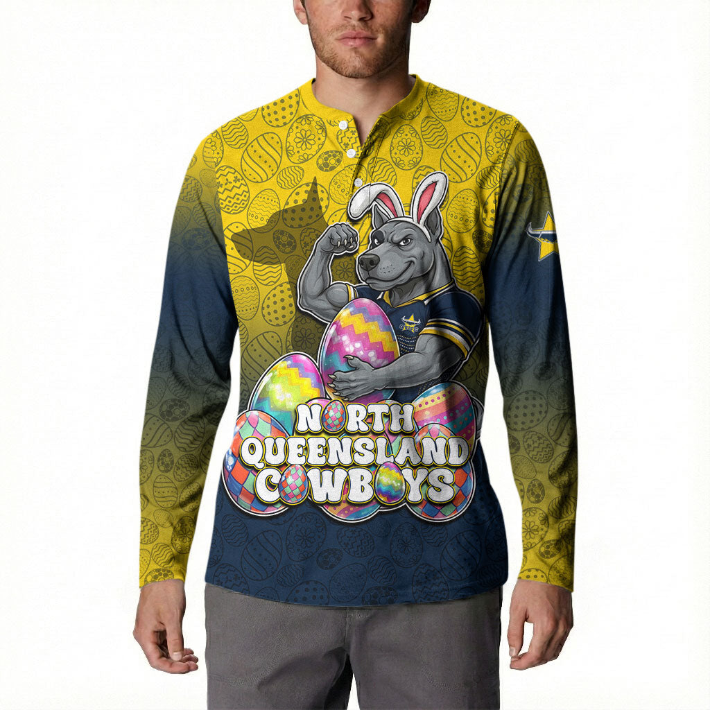 Personalized North Queensland Cowboys Button Sweatshirt Easter Mascot - Colorful Eggs Cartoon Style