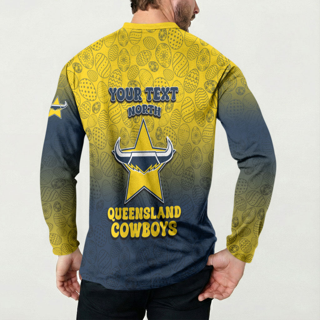 Personalized North Queensland Cowboys Button Sweatshirt Easter Mascot - Colorful Eggs Cartoon Style