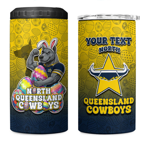 Personalized North Queensland Cowboys 4 in 1 Can Cooler Tumbler Easter Mascot - Colorful Eggs Cartoon Style