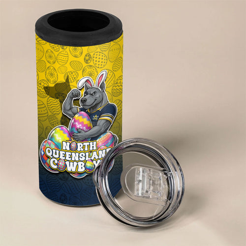 Personalized North Queensland Cowboys 4 in 1 Can Cooler Tumbler Easter Mascot - Colorful Eggs Cartoon Style