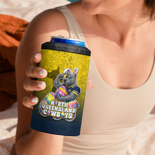 Personalized North Queensland Cowboys 4 in 1 Can Cooler Tumbler Easter Mascot - Colorful Eggs Cartoon Style