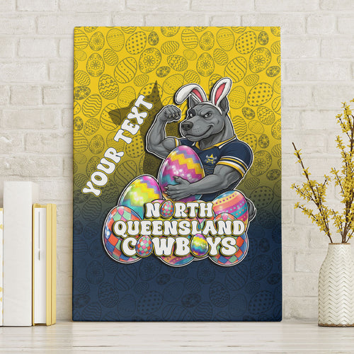 Personalized North Queensland Cowboys Canvas Wall Art Easter Mascot - Colorful Eggs Cartoon Style