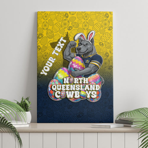 Personalized North Queensland Cowboys Canvas Wall Art Easter Mascot - Colorful Eggs Cartoon Style