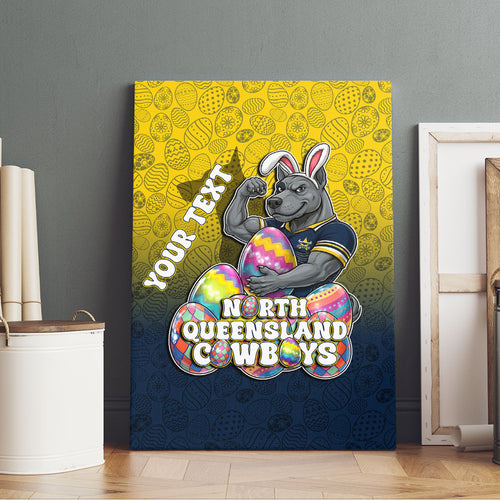 Personalized North Queensland Cowboys Canvas Wall Art Easter Mascot - Colorful Eggs Cartoon Style