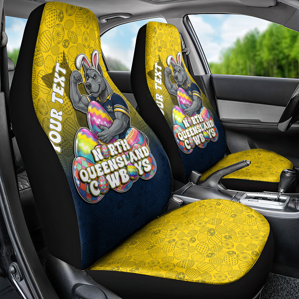 Personalized North Queensland Cowboys Car Seat Cover Easter Mascot - Colorful Eggs Cartoon Style