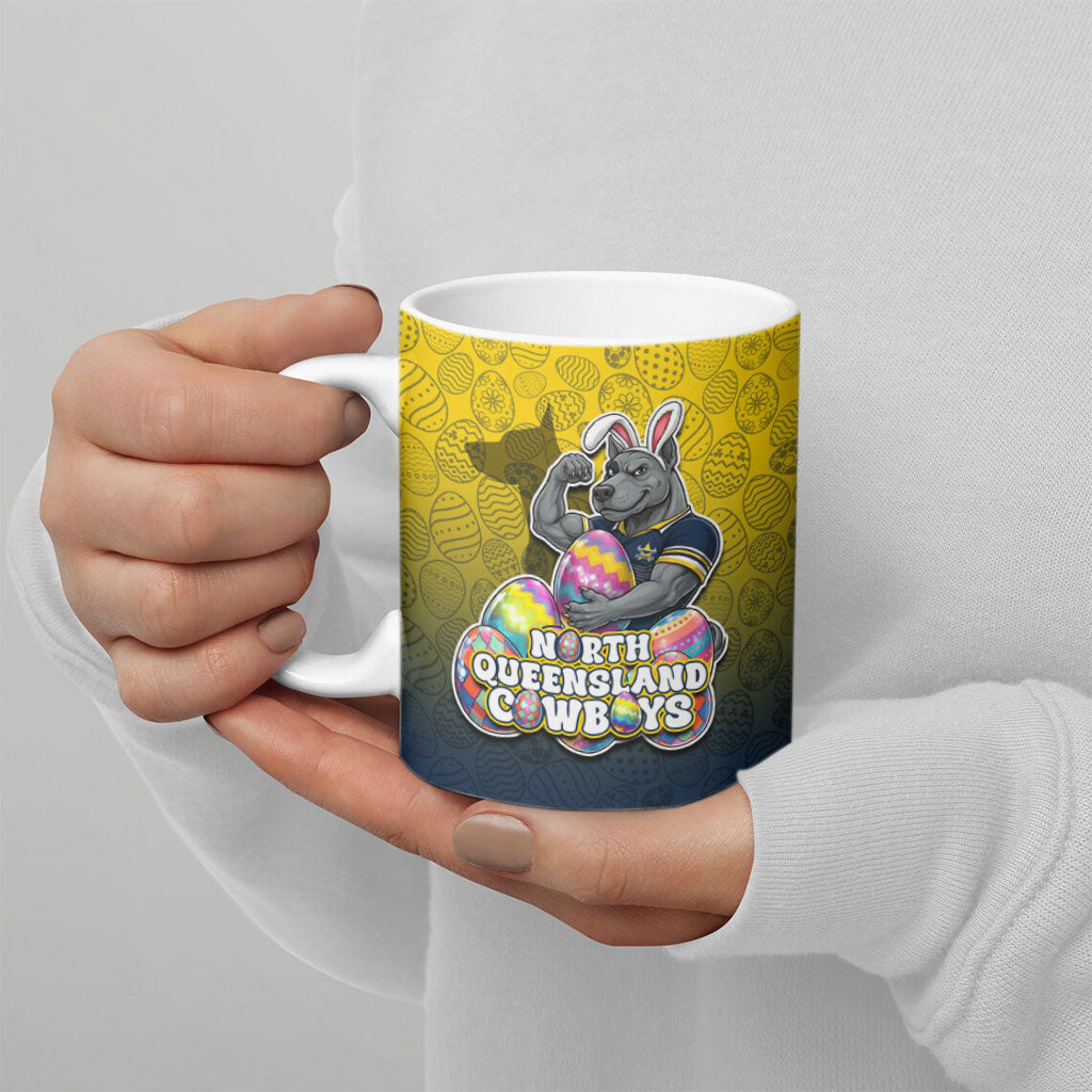 Personalized North Queensland Cowboys Ceramic Mug Easter Mascot - Colorful Eggs Cartoon Style