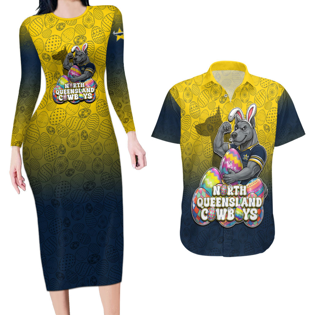 Personalized North Queensland Cowboys Couples Matching Long Sleeve Bodycon Dress and Hawaiian Shirt Easter Mascot - Colorful Eggs Cartoon Style