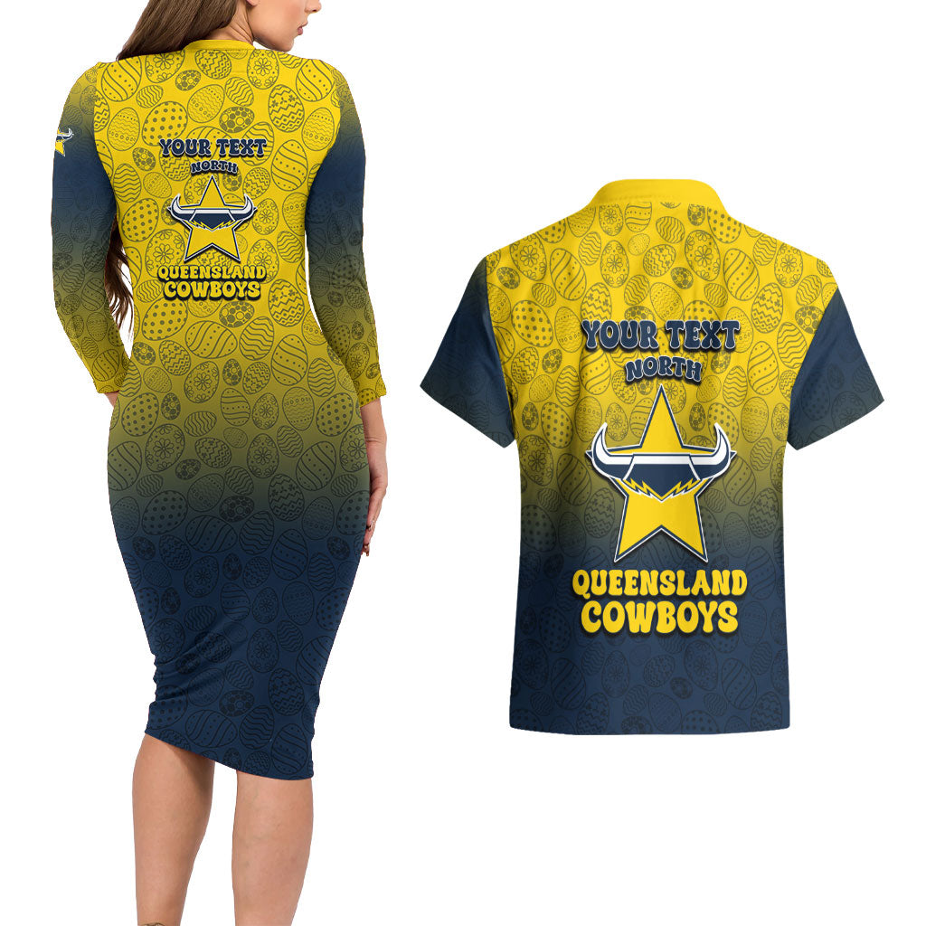 Personalized North Queensland Cowboys Couples Matching Long Sleeve Bodycon Dress and Hawaiian Shirt Easter Mascot - Colorful Eggs Cartoon Style
