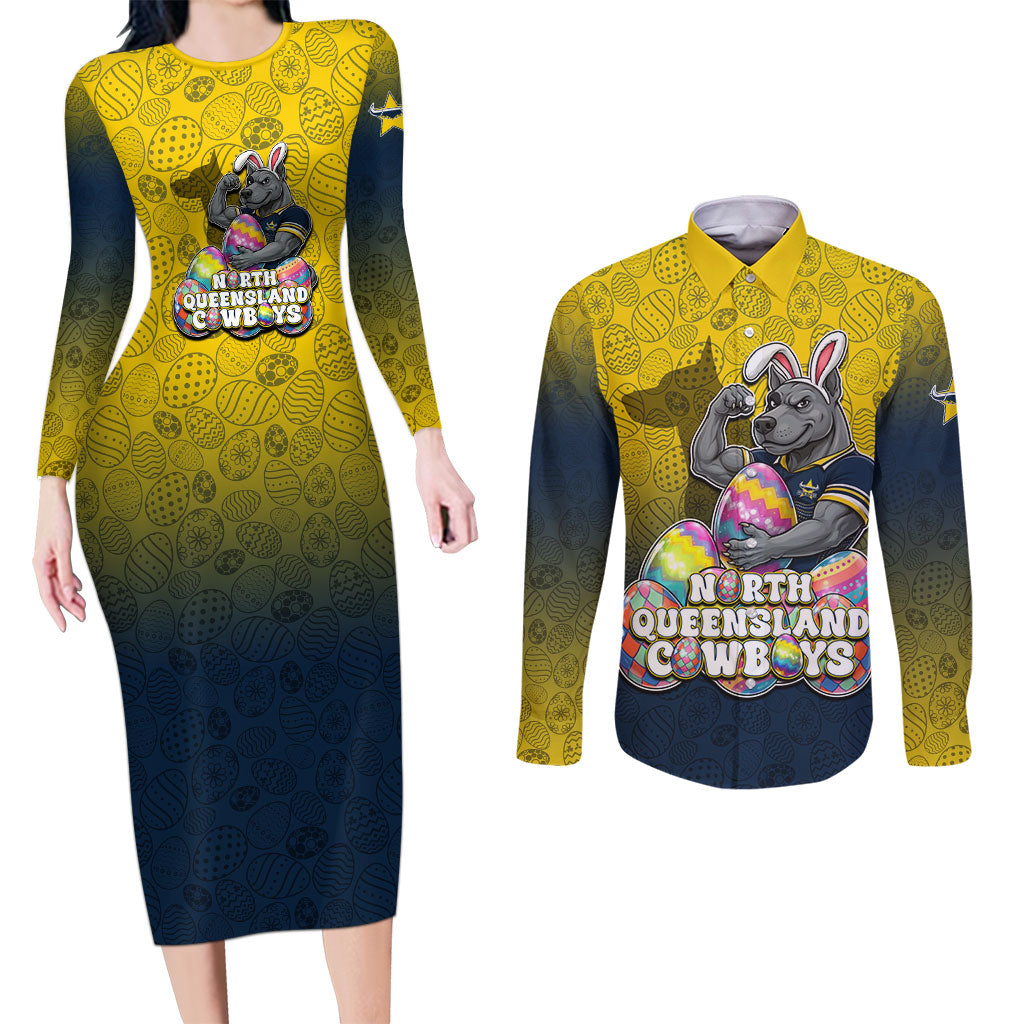 Personalized North Queensland Cowboys Couples Matching Long Sleeve Bodycon Dress and Long Sleeve Button Shirt Easter Mascot - Colorful Eggs Cartoon Style